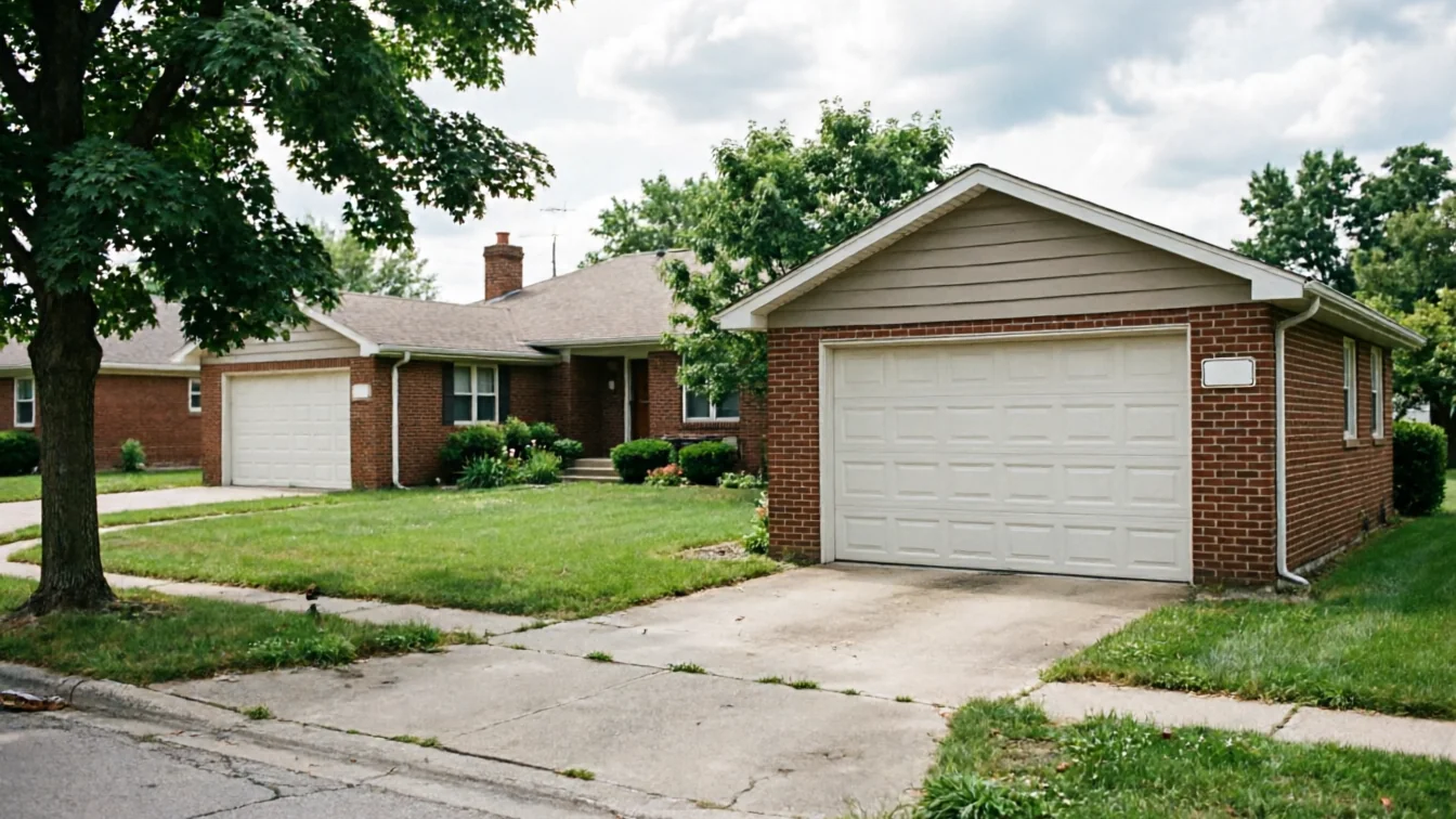 A detached garage with a white garage door sits next to a brick house.
