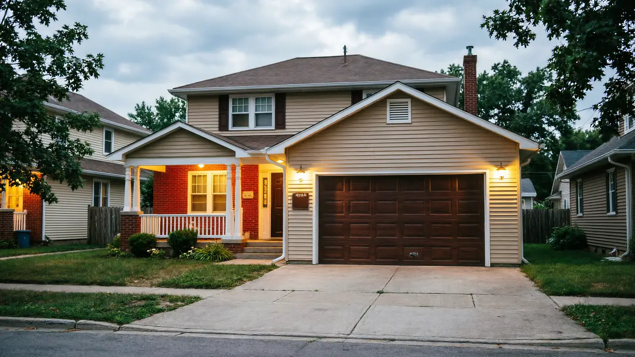 The house has a brown garage door, light tan siding, and a red brick porch.