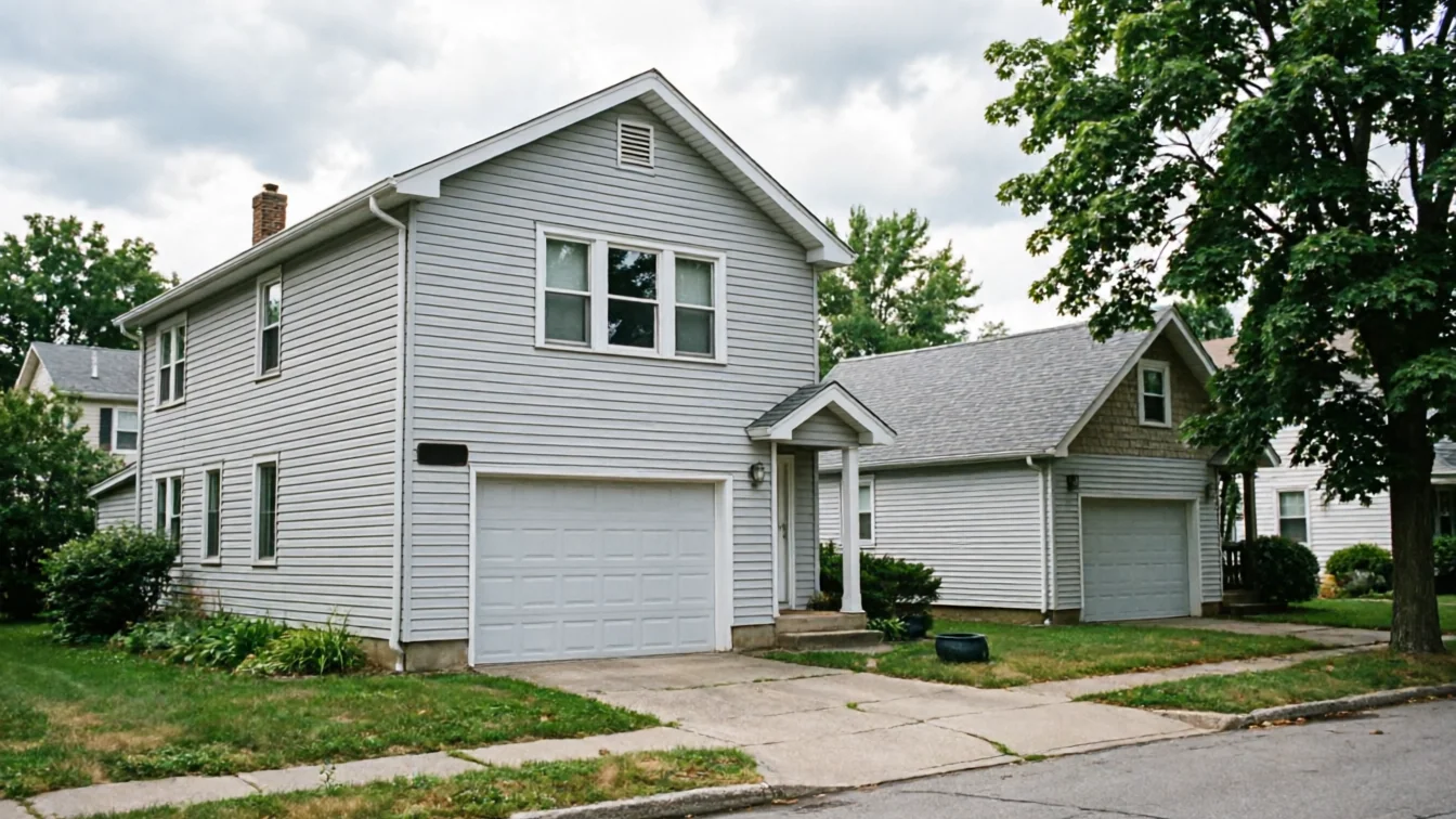 A light gray house with a garage door and a detached garage with a door.