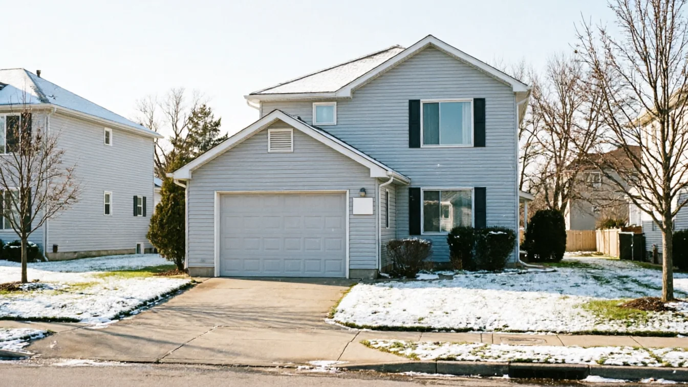 A light blue house with a gray garage door and snow on the ground.