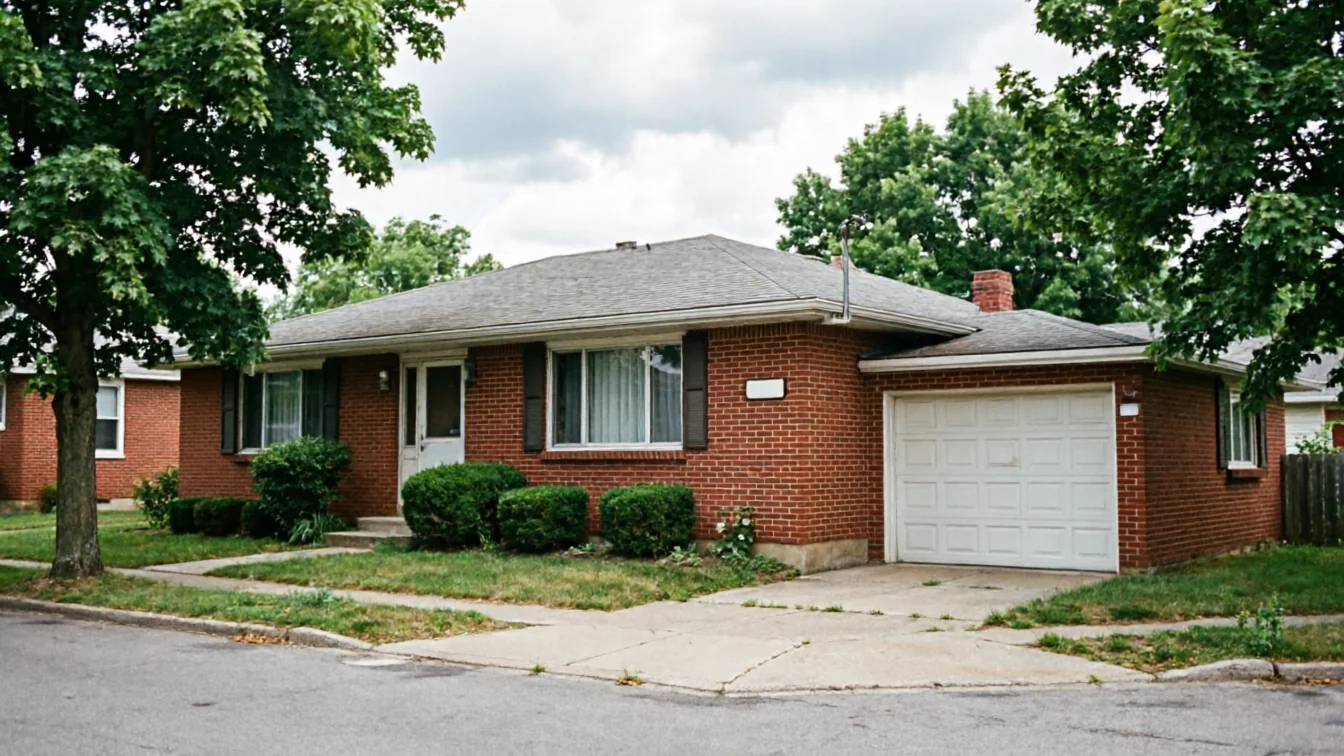 A red brick house with a white garage door and green bushes.