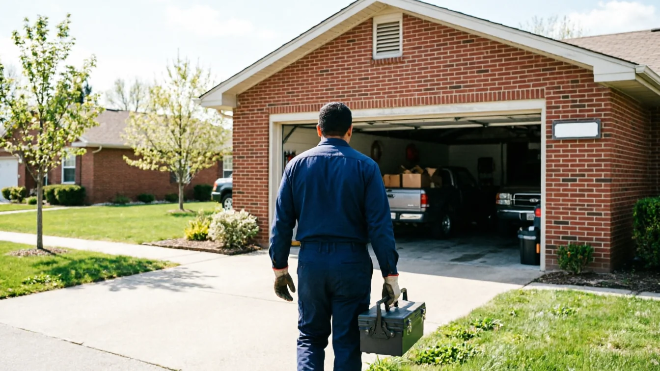 A technician in a blue uniform carries a toolbox toward an open garage door.