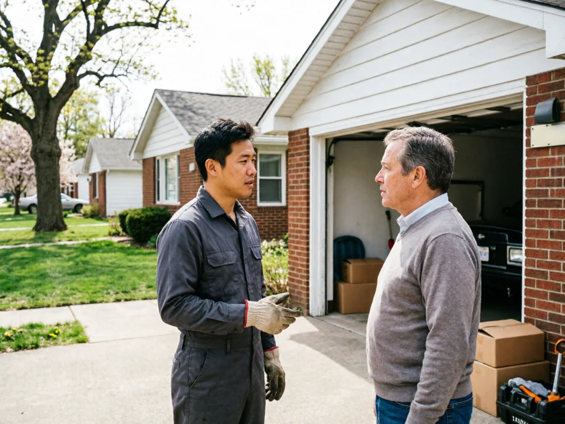 A technician in a gray jumpsuit talks to a man in a gray sweater in a driveway.