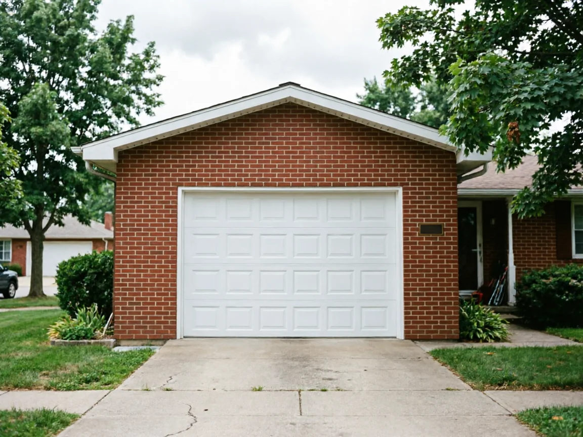 A white paneled garage door is on a red brick house with green trees.