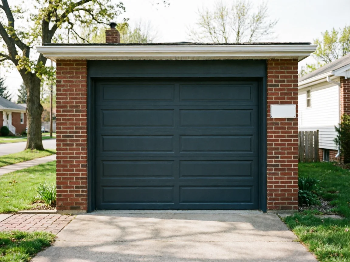 A dark gray garage door is set in a red brick garage with a concrete driveway.