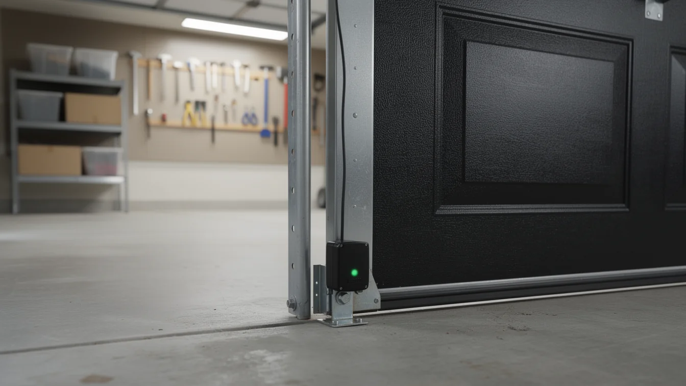 A black garage door is open with a safety sensor showing a green light.
