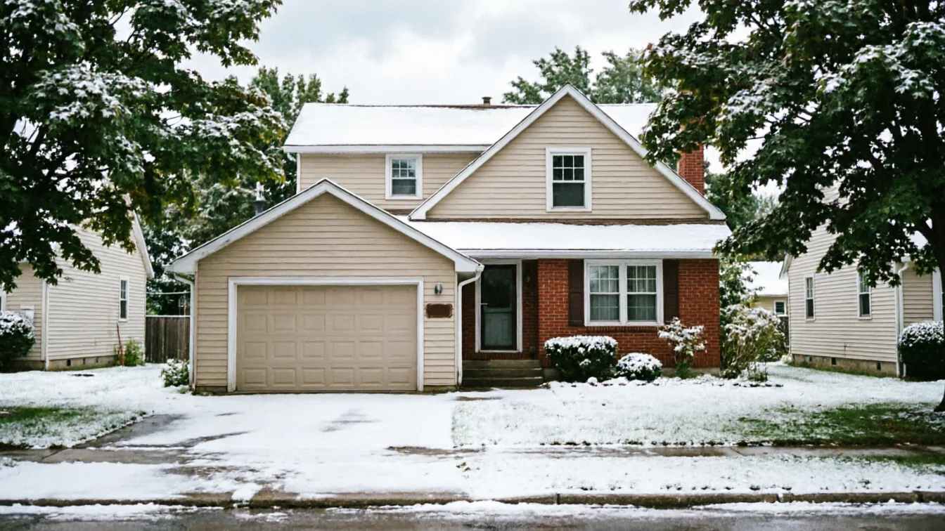 A beige house with a garage door and a red brick facade is covered in snow.